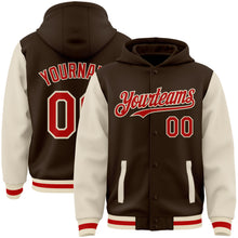 Load image into Gallery viewer, Custom Brown Red-Cream Bomber Full-Snap Varsity Letterman Two Tone Hoodie Jacket
