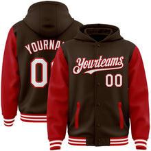 Load image into Gallery viewer, Custom Brown White-Red Bomber Full-Snap Varsity Letterman Two Tone Hoodie Jacket
