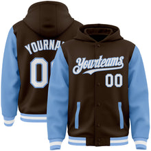 Load image into Gallery viewer, Custom Brown White-Light Blue Bomber Full-Snap Varsity Letterman Two Tone Hoodie Jacket
