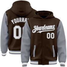 Load image into Gallery viewer, Custom Brown White-Gray Bomber Full-Snap Varsity Letterman Two Tone Hoodie Jacket
