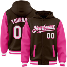 Load image into Gallery viewer, Custom Brown White-Pink Bomber Full-Snap Varsity Letterman Two Tone Hoodie Jacket
