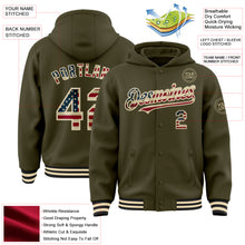 Load image into Gallery viewer, Custom Olive Vintage USA Flag Cream-Black Bomber Full-Snap Varsity Letterman Salute To Service Hoodie Jacket
