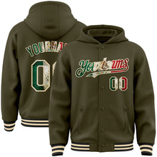 Load image into Gallery viewer, Custom Olive Vintage Mexican Flag Cream-Black Bomber Full-Snap Varsity Letterman Salute To Service Hoodie Jacket
