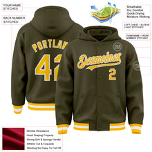 Load image into Gallery viewer, Custom Olive Gold-White Bomber Full-Snap Varsity Letterman Salute To Service Hoodie Jacket
