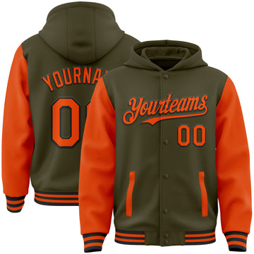 Custom Olive Orange-Black Bomber Full-Snap Varsity Letterman Two Tone Salute To Service Hoodie Jacket