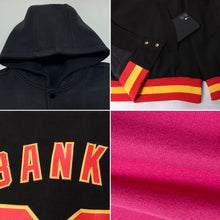 Load image into Gallery viewer, Custom Pink Black-Old Gold Bomber Full-Snap Varsity Letterman Hoodie Jacket
