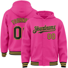 Load image into Gallery viewer, Custom Pink Black-Old Gold Bomber Full-Snap Varsity Letterman Hoodie Jacket
