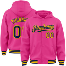 Load image into Gallery viewer, Custom Pink Navy-Gold Bomber Full-Snap Varsity Letterman Hoodie Jacket
