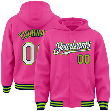 Custom Pink Navy-Neon Green Bomber Full-Snap Varsity Letterman Hoodie Jacket