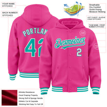 Load image into Gallery viewer, Custom Pink Aqua-White Bomber Full-Snap Varsity Letterman Hoodie Jacket
