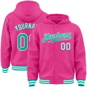 Custom Pink Aqua-White Bomber Full-Snap Varsity Letterman Hoodie Jacket