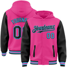 Load image into Gallery viewer, Custom Pink Black-Sky Blue Bomber Full-Snap Varsity Letterman Two Tone Hoodie Jacket
