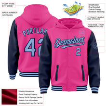 Load image into Gallery viewer, Custom Pink Light Blue-Navy Bomber Full-Snap Varsity Letterman Two Tone Hoodie Jacket
