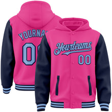 Load image into Gallery viewer, Custom Pink Light Blue-Navy Bomber Full-Snap Varsity Letterman Two Tone Hoodie Jacket
