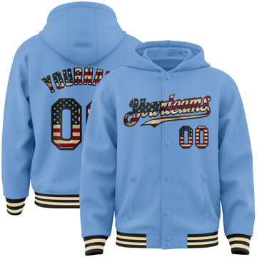 Custom Light Blue Vintage USA Flag Black-Cream Bomber Full-Snap Varsity Letterman Hoodie Jacket