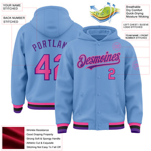 Custom Light Blue Pink Purple-Black Bomber Full-Snap Varsity Letterman Hoodie Jacket