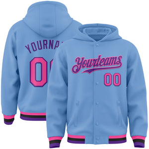 Custom Light Blue Pink Purple-Black Bomber Full-Snap Varsity Letterman Hoodie Jacket