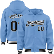 Load image into Gallery viewer, Custom Light Blue Black-White Bomber Full-Snap Varsity Letterman Hoodie Jacket
