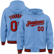 Load image into Gallery viewer, Custom Light Blue Red-Black Bomber Full-Snap Varsity Letterman Hoodie Jacket
