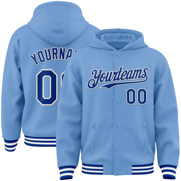 Custom Light Blue Royal-White Bomber Full-Snap Varsity Letterman Hoodie Jacket