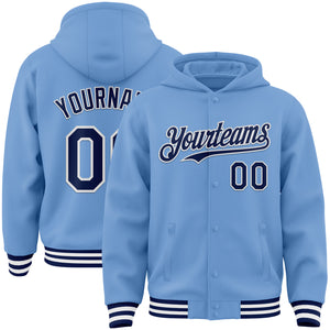 Custom Light Blue Navy-White Bomber Full-Snap Varsity Letterman Hoodie Jacket