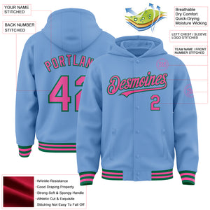 Custom Light Blue Pink-Kelly Green Bomber Full-Snap Varsity Letterman Hoodie Jacket