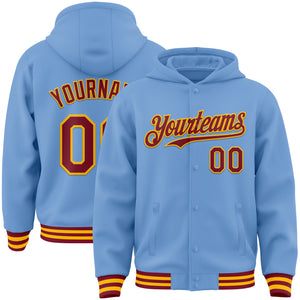 Custom Light Blue Crimson-Gold Bomber Full-Snap Varsity Letterman Hoodie Jacket