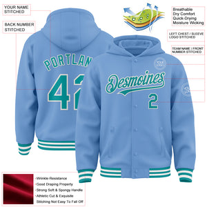 Custom Light Blue Teal-White Bomber Full-Snap Varsity Letterman Hoodie Jacket