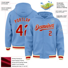 Load image into Gallery viewer, Custom Light Blue Red-Cream Bomber Full-Snap Varsity Letterman Hoodie Jacket
