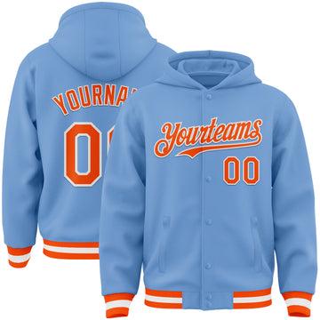 Custom Light Blue Orange-White Bomber Full-Snap Varsity Letterman Hoodie Jacket