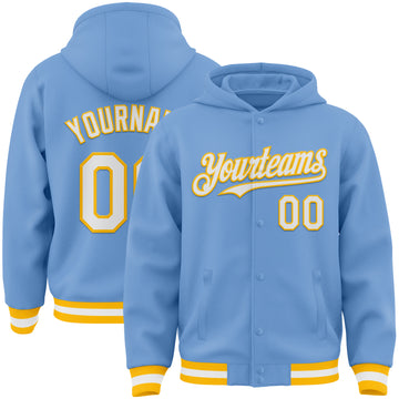 Custom Light Blue White-Gold Bomber Full-Snap Varsity Letterman Hoodie Jacket