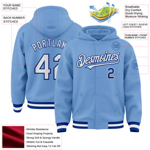 Custom Light Blue White-Royal Bomber Full-Snap Varsity Letterman Hoodie Jacket