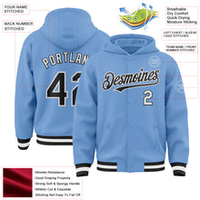 Load image into Gallery viewer, Custom Light Blue Black-White Bomber Full-Snap Varsity Letterman Hoodie Jacket
