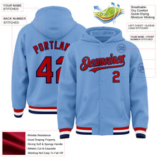 Load image into Gallery viewer, Custom Light Blue Red-Navy Bomber Full-Snap Varsity Letterman Hoodie Jacket
