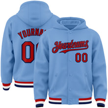 Load image into Gallery viewer, Custom Light Blue Red-Navy Bomber Full-Snap Varsity Letterman Hoodie Jacket
