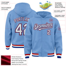 Load image into Gallery viewer, Custom Light Blue Royal-Red Bomber Full-Snap Varsity Letterman Hoodie Jacket
