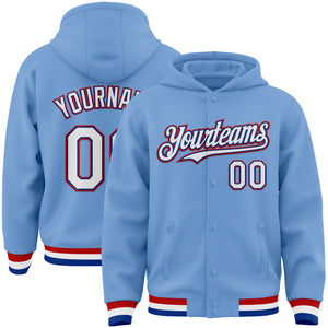 Custom Light Blue Royal-Red Bomber Full-Snap Varsity Letterman Hoodie Jacket