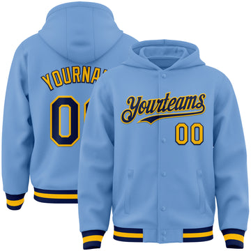 Custom Light Blue Navy-Gold Bomber Full-Snap Varsity Letterman Hoodie Jacket