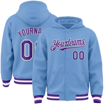 Custom Light Blue Purple-White Bomber Full-Snap Varsity Letterman Hoodie Jacket