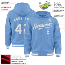 Load image into Gallery viewer, Custom Light Blue White Bomber Full-Snap Varsity Letterman Hoodie Jacket
