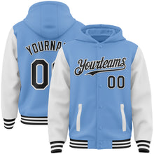 Load image into Gallery viewer, Custom Light Blue Black-White Bomber Full-Snap Varsity Letterman Two Tone Hoodie Jacket
