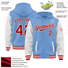 Load image into Gallery viewer, Custom Light Blue Red-White Bomber Full-Snap Varsity Letterman Two Tone Hoodie Jacket
