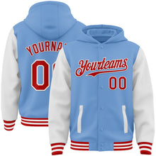 Load image into Gallery viewer, Custom Light Blue Red-White Bomber Full-Snap Varsity Letterman Two Tone Hoodie Jacket
