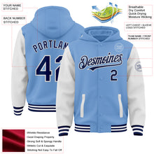 Load image into Gallery viewer, Custom Light Blue Navy-White Bomber Full-Snap Varsity Letterman Two Tone Hoodie Jacket
