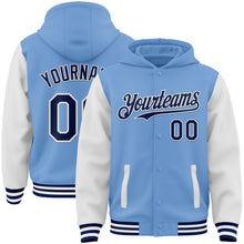 Load image into Gallery viewer, Custom Light Blue Navy-White Bomber Full-Snap Varsity Letterman Two Tone Hoodie Jacket
