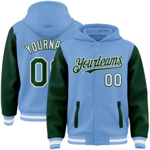 Load image into Gallery viewer, Custom Light Blue Green-White Bomber Full-Snap Varsity Letterman Two Tone Hoodie Jacket
