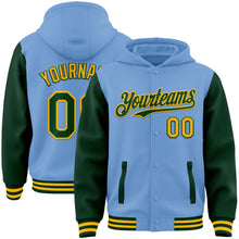 Load image into Gallery viewer, Custom Light Blue Green-Gold Bomber Full-Snap Varsity Letterman Two Tone Hoodie Jacket
