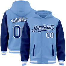 Load image into Gallery viewer, Custom Light Blue Royal-White Bomber Full-Snap Varsity Letterman Two Tone Hoodie Jacket
