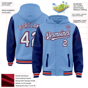 Custom Light Blue Royal-Red Bomber Full-Snap Varsity Letterman Two Tone Hoodie Jacket