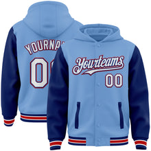 Load image into Gallery viewer, Custom Light Blue Royal-Red Bomber Full-Snap Varsity Letterman Two Tone Hoodie Jacket
